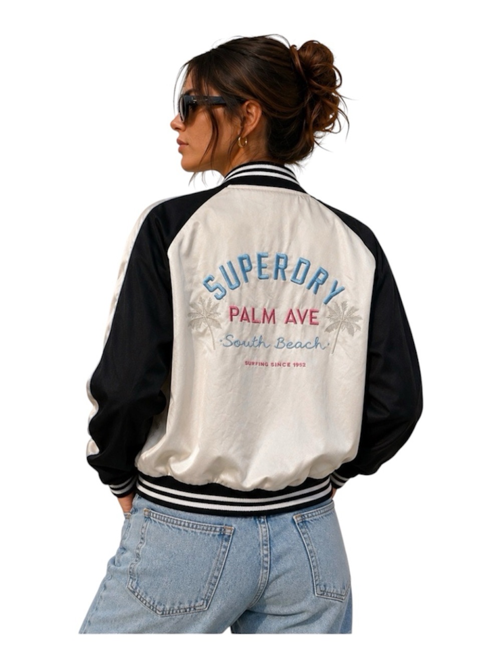 Two-Tone Satin Bomber Jacket Embroidered Palm Ave South Beach Cream Black Sz 6